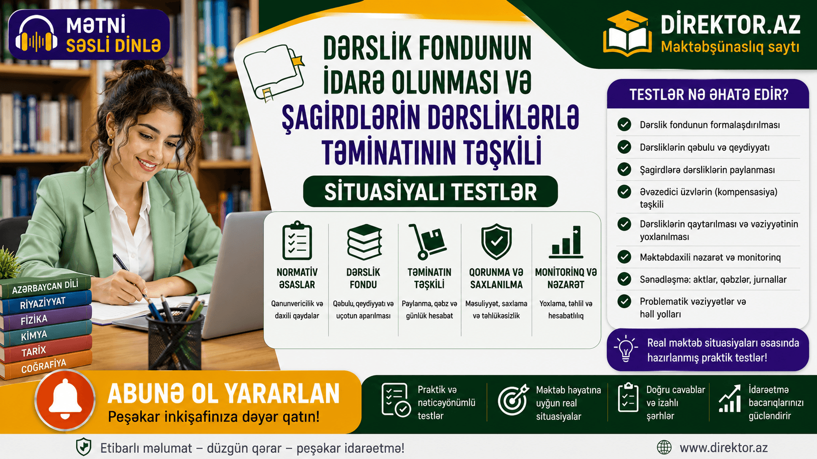 Dərslik fondunun idarə olunması və şagirdlərin dərsliklərlə təminatının təşkili. Situasiyalı testlər