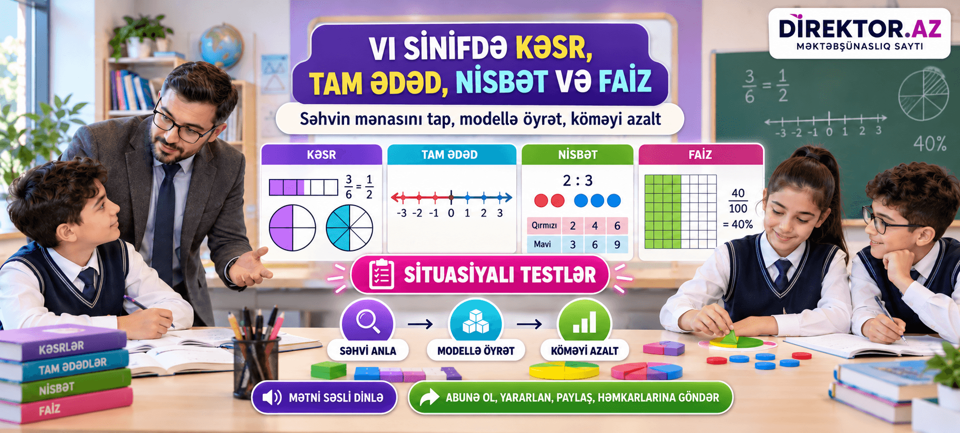 VI sinifdə kəsr, tam ədəd, nisbət və faiz. Məktəb situasiyaları